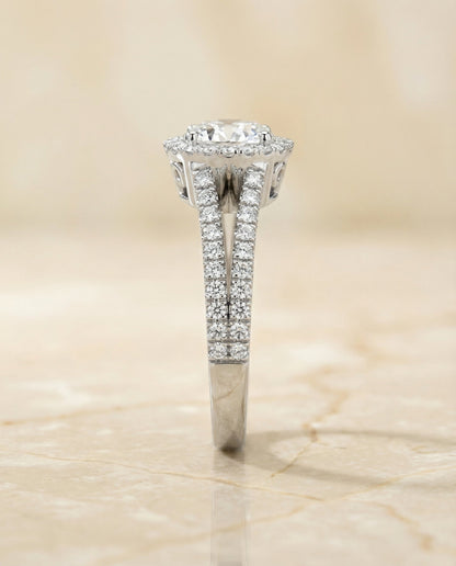 Aretha Select split shank pavé halo round ring in 18K White Gold — side — RockHer