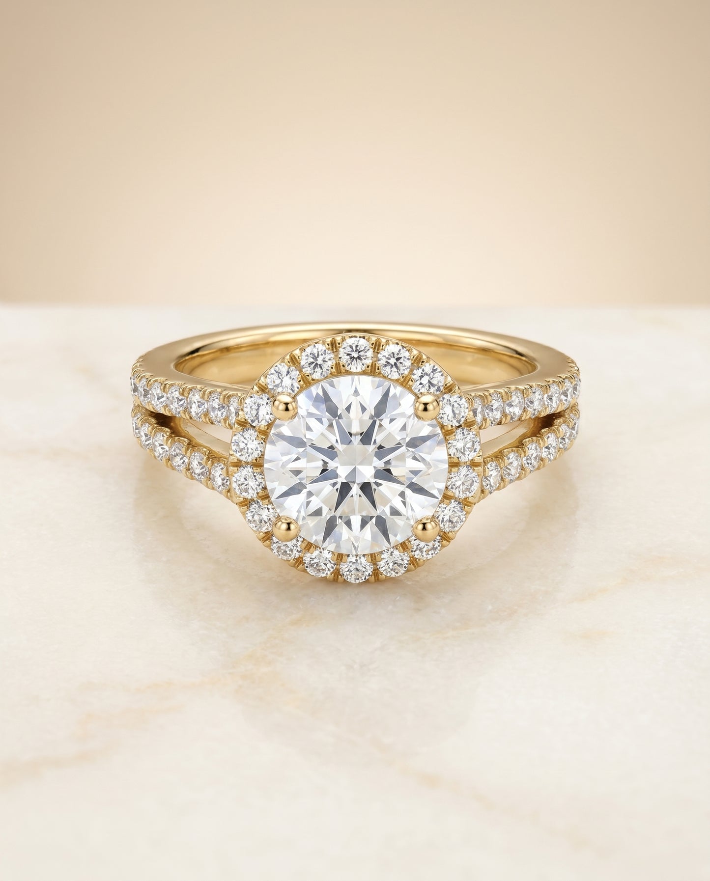 Round Brilliant, Split Shank Pavé Halo Round, in 18K Yellow Gold, pave setting – angled view | RockHer