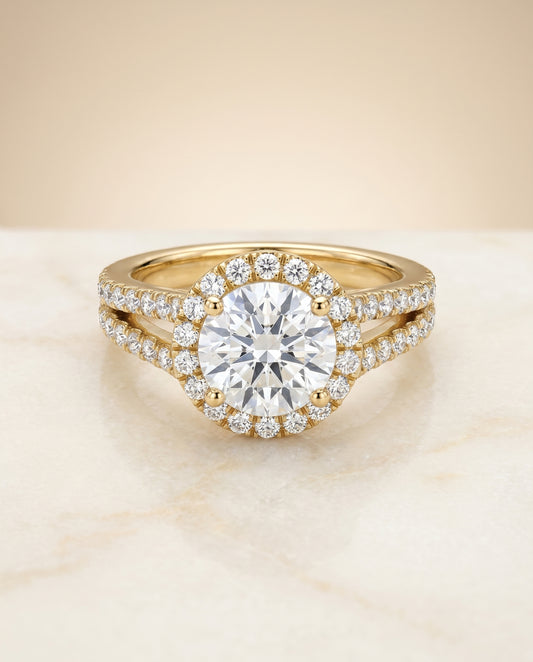 Round Brilliant, Split Shank Pavé Halo Round, in 18K Yellow Gold, pave setting – angled view | RockHer