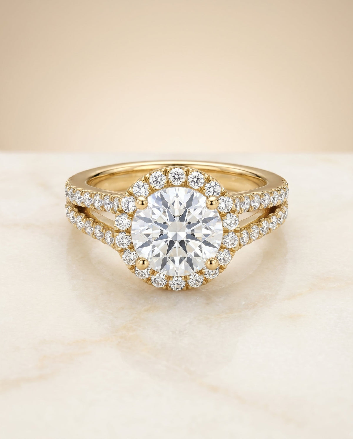 Nicki Select Split Shank Pavé Halo Round Lab Diamond Engagement Ring in 18K Yellow Gold, alternate angle | RockHer