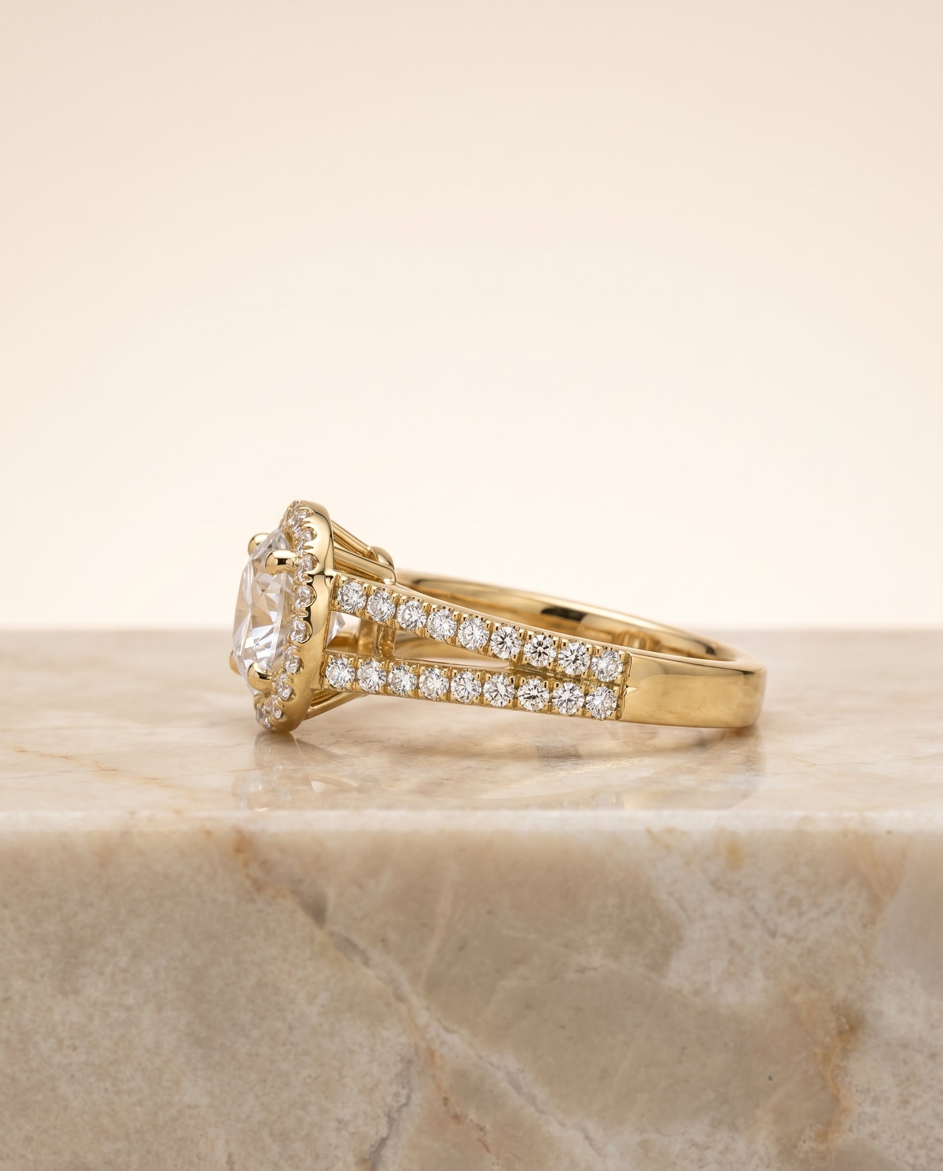 Nicki Select Split Shank Pavé Halo Round Lab Diamond Engagement Ring in 18K Yellow Gold, side view | RockHer