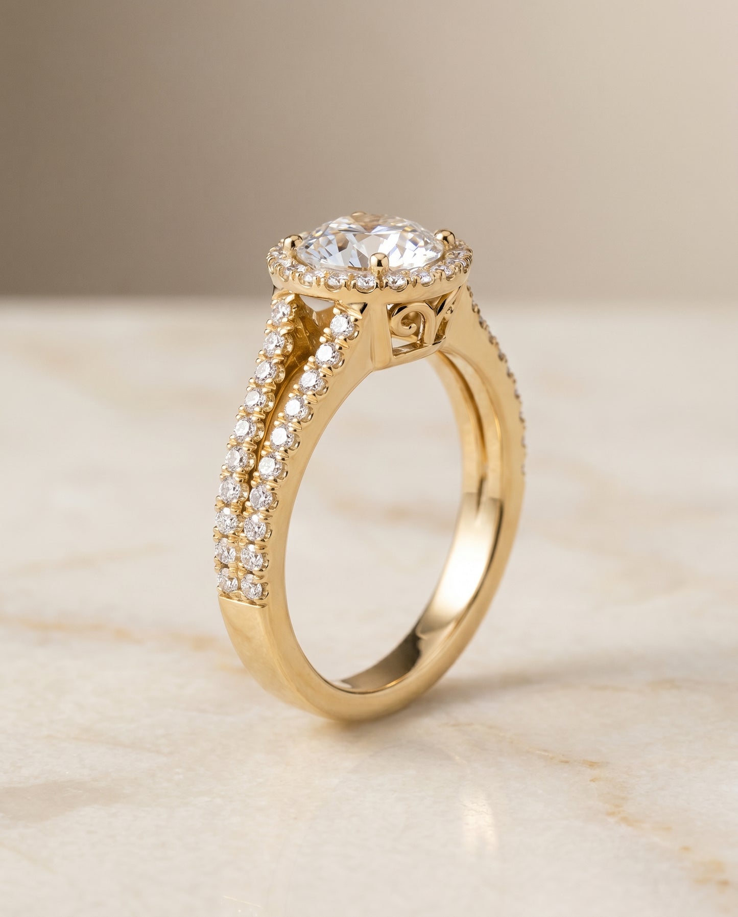 Round Brilliant, Split Shank Pavé Halo Round, in 18K Yellow Gold, pave setting – front view | RockHer