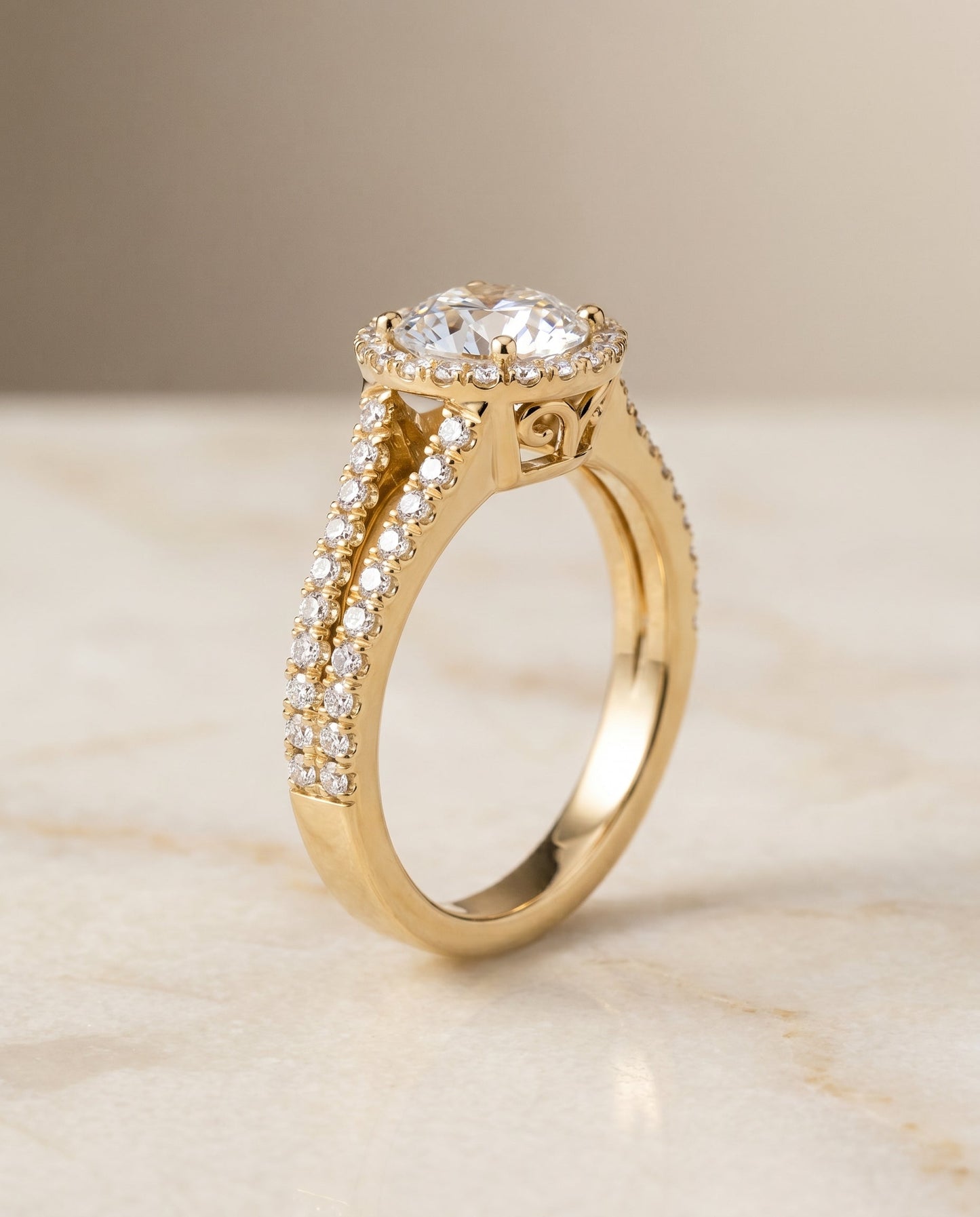 Aretha split shank pavé halo engagement ring in 18K yellow gold with round lab diamond — RockHer