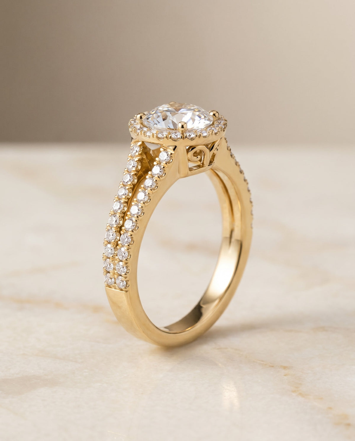 Aretha Select Split Shank Pavé Halo Round Lab Diamond Engagement Ring in 18K Yellow Gold, front view | RockHer