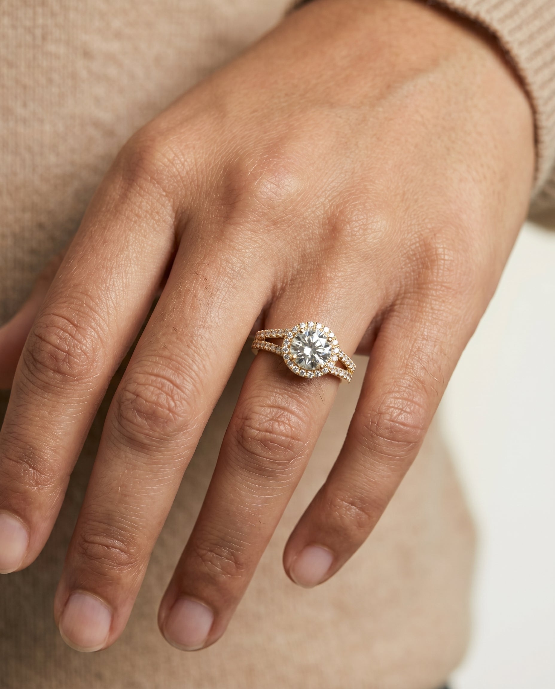 The Aretha engagement ring setting in 18K Yellow Gold, split shank pavé halo design | RockHer