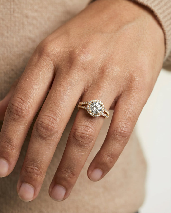 Aretha split shank pavé halo engagement ring in 18K yellow gold with round lab diamond — RockHer