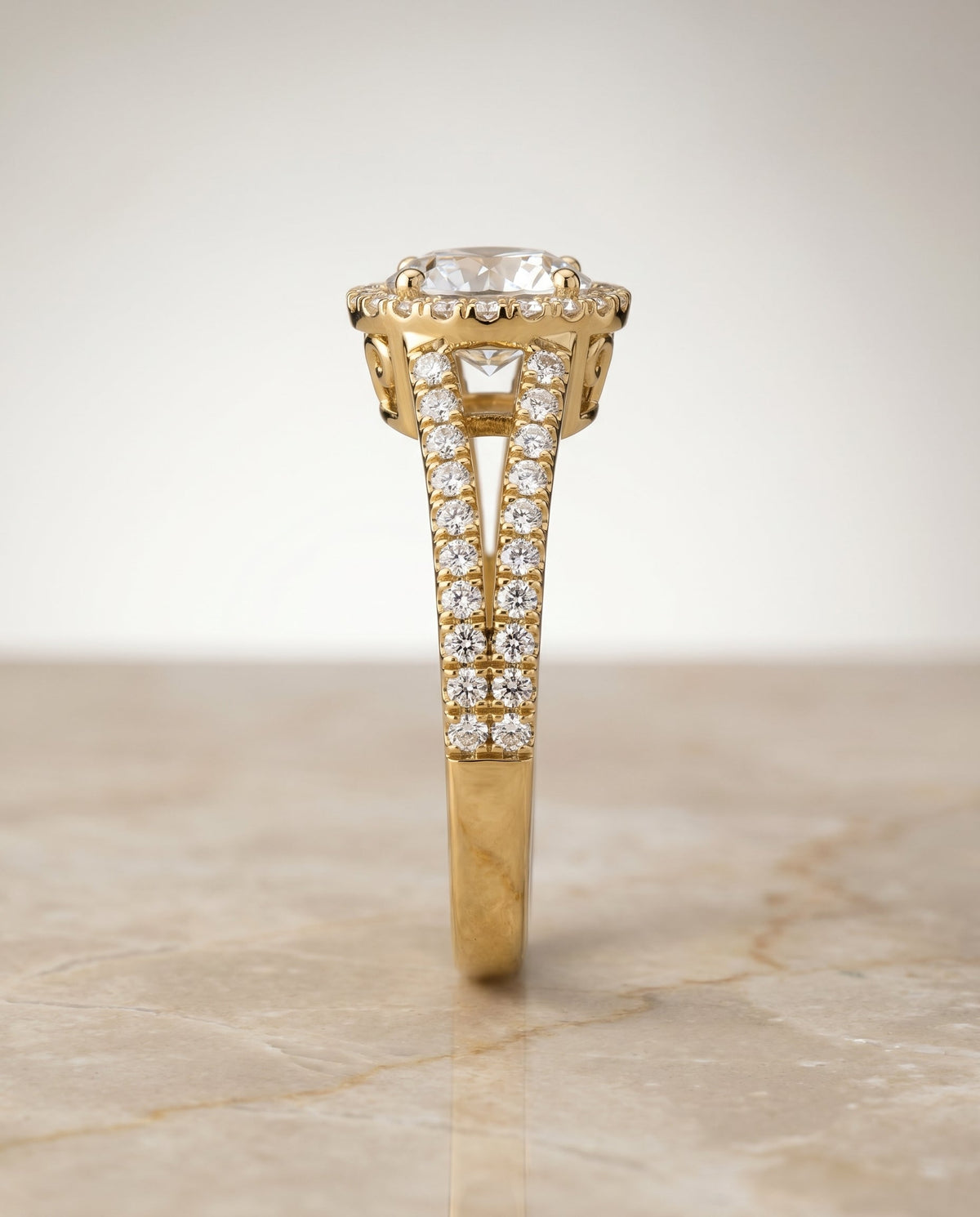 Aretha Select Split Shank Pavé Halo Round Lab Diamond Engagement Ring in 18K Yellow Gold, side view | RockHer