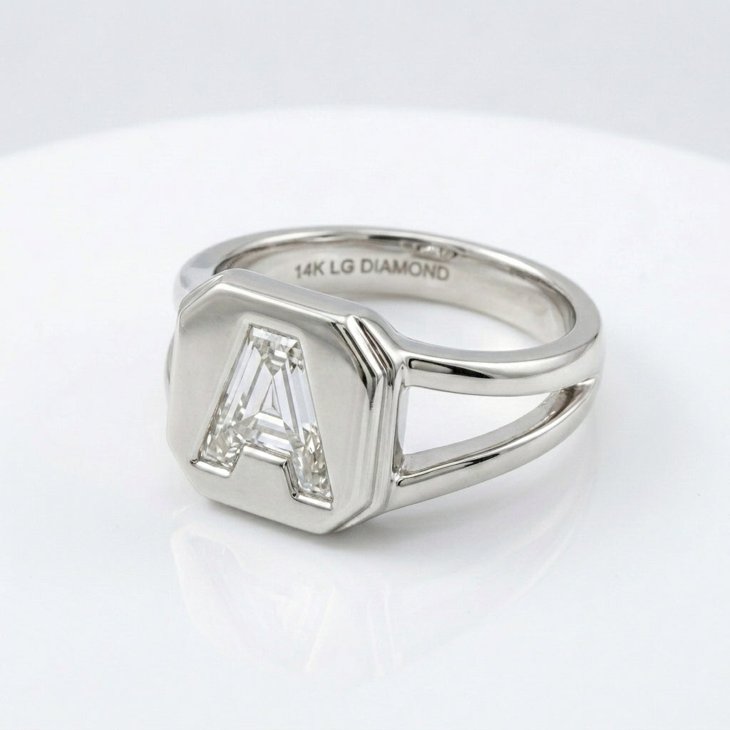 Women's Split Shank lab-grown diamond letter signet ring in 14K White Gold, letter A, product photography
