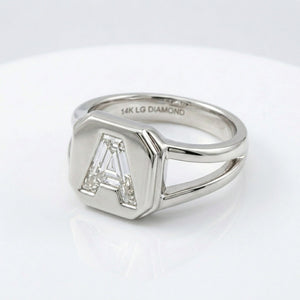 Women's Split Shank lab-grown diamond letter signet ring in 14K White Gold, letter A, product photography