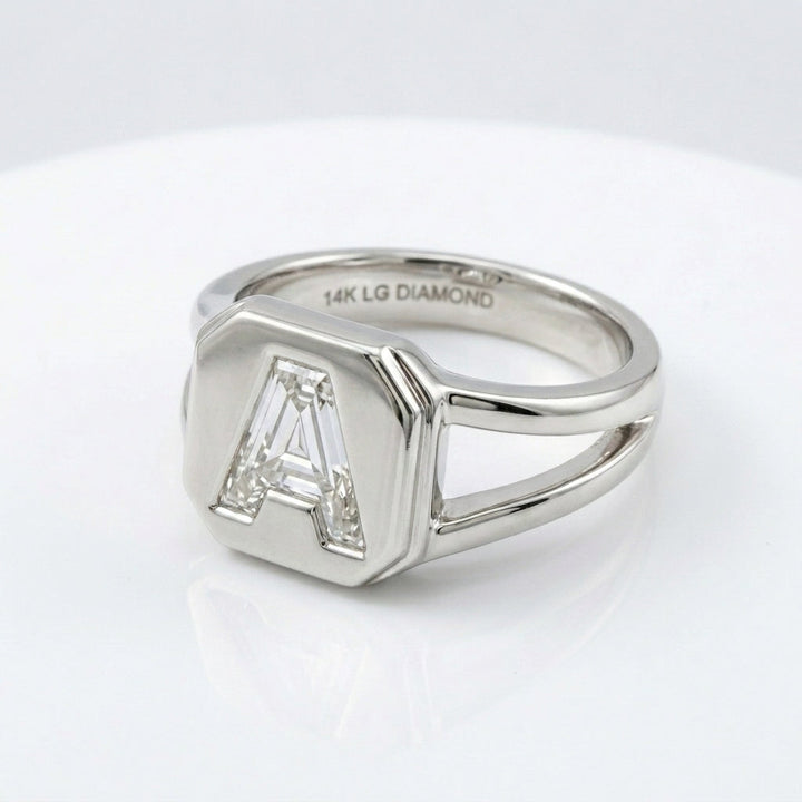 Women's Split Shank lab-grown diamond letter signet ring in 14K White Gold, letter A, product photography