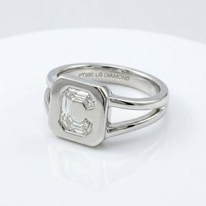 Women's Split Shank lab-grown diamond letter signet ring in Platinum, letter C, product photography