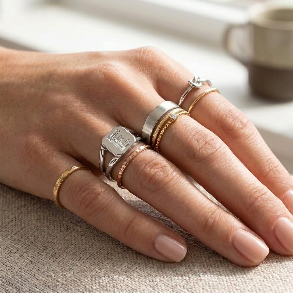 Women's Split Shank lab-grown diamond letter signet ring in 14K White Gold, letter E, worn on hand
