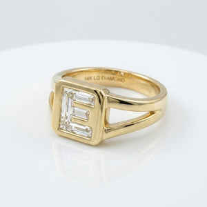 Women's Split Shank lab-grown diamond letter signet ring in 14K Yellow Gold, letter E, product photography