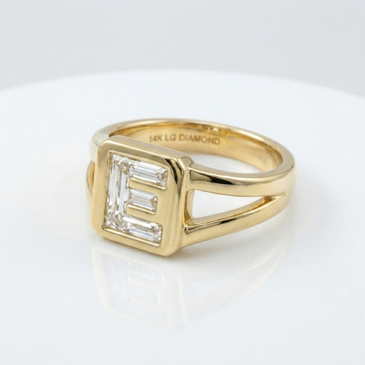 Women's Split Shank lab-grown diamond letter signet ring in 14K Yellow Gold, letter E, product photography