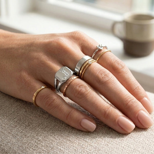 Women's Split Shank lab-grown diamond letter signet ring in Platinum, letter J, worn on hand