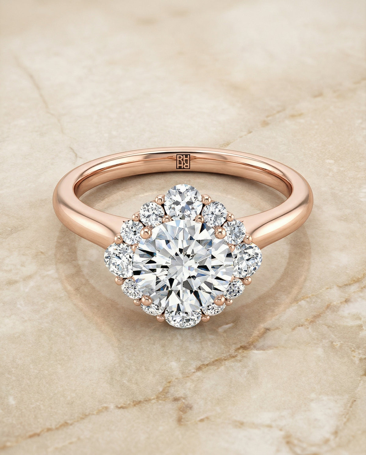 Tionne Select Square Halo Round Lab Diamond Engagement Ring in 14K Rose Gold, alternate angle | RockHer