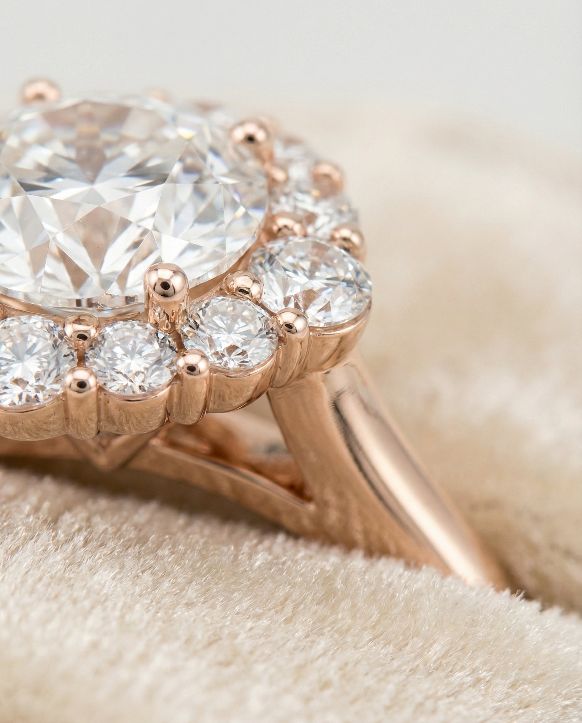 Tionne Select Square Halo Round Lab Diamond Engagement Ring in 14K Rose Gold, detail view | RockHer