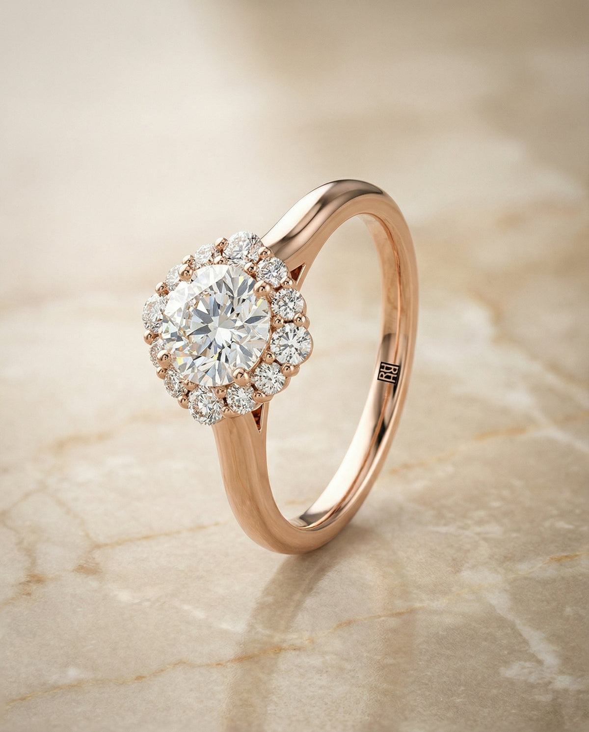 Tionne Select Square Halo Round Lab Diamond Engagement Ring in 14K Rose Gold, front view | RockHer