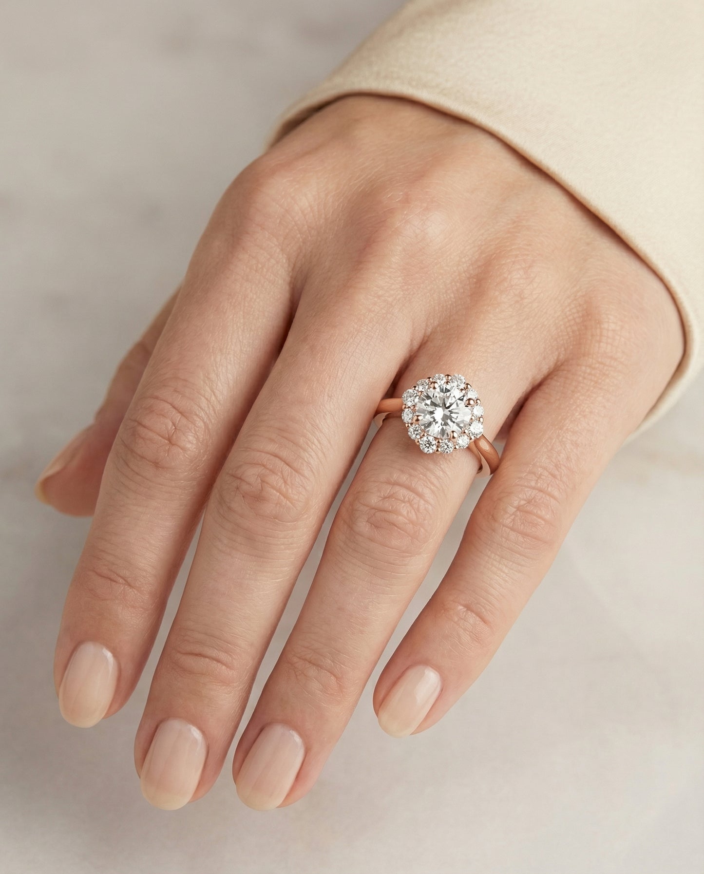 Round Brilliant, Square Halo Secret Stone, in 14K Rose Gold – lifestyle shot | RockHer