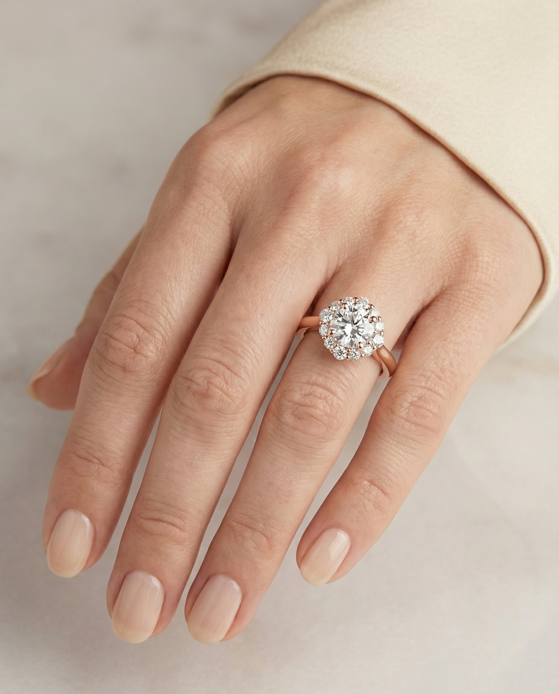 The Tionne engagement ring setting in 14K Rose Gold, square halo design | RockHer