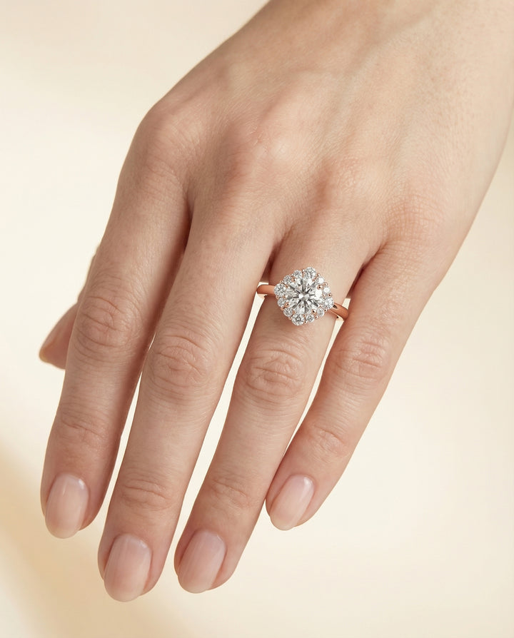 Round Brilliant, Square Halo Secret Stone, in 14K Rose Gold – lifestyle shot | RockHer