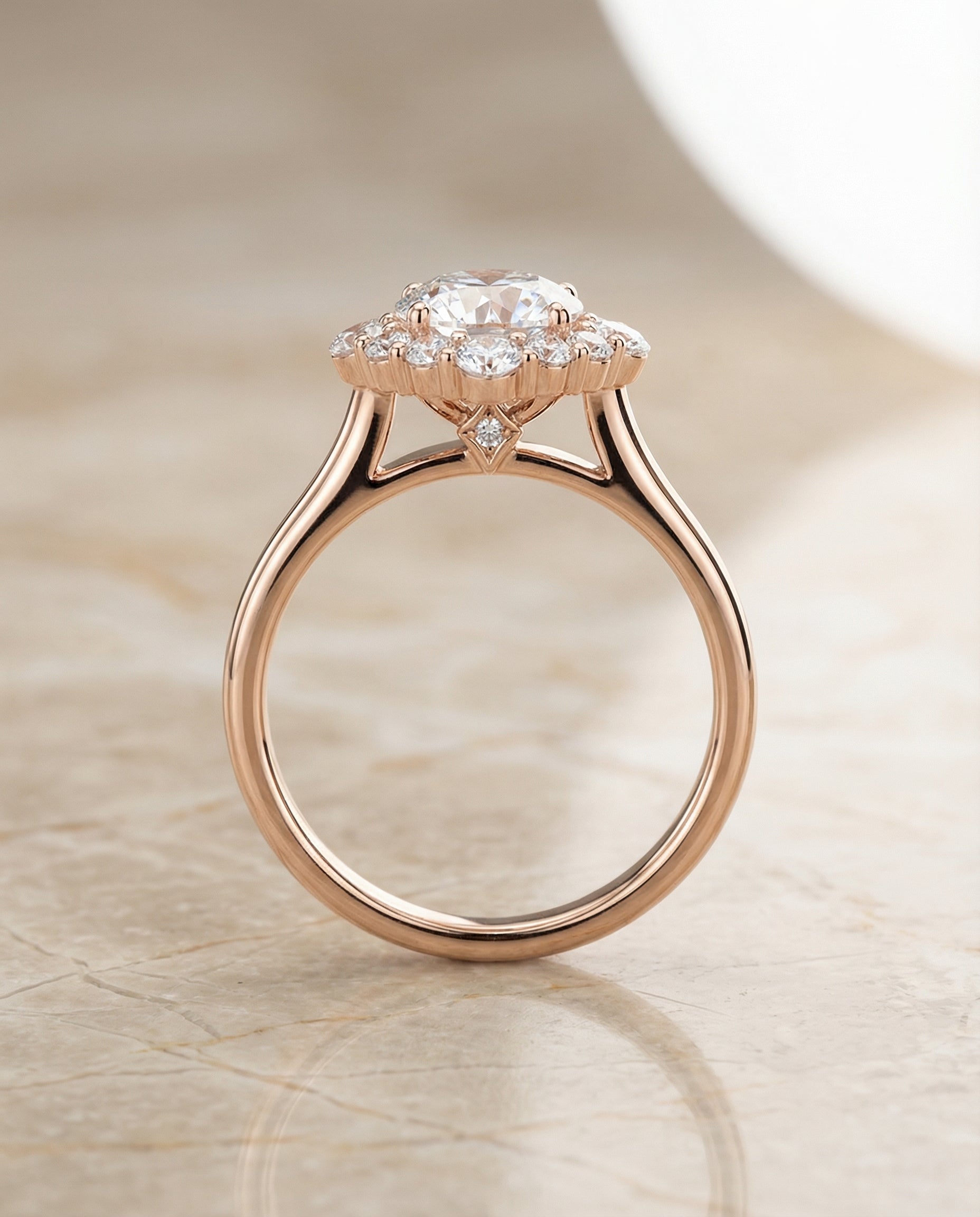 Tionne Select Square Halo Round Lab Diamond Engagement Ring in 14K Rose Gold, side view | RockHer