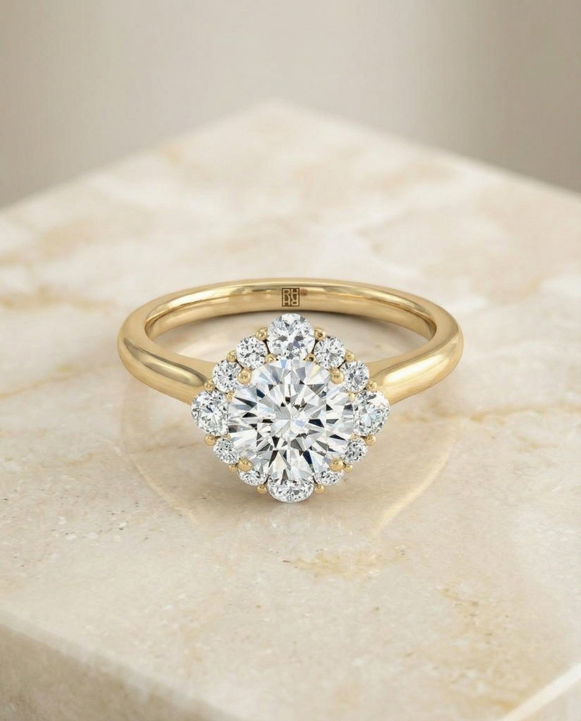 Tionne Select Square Halo Round Lab Diamond Engagement Ring in 18K Yellow Gold, alternate angle | RockHer