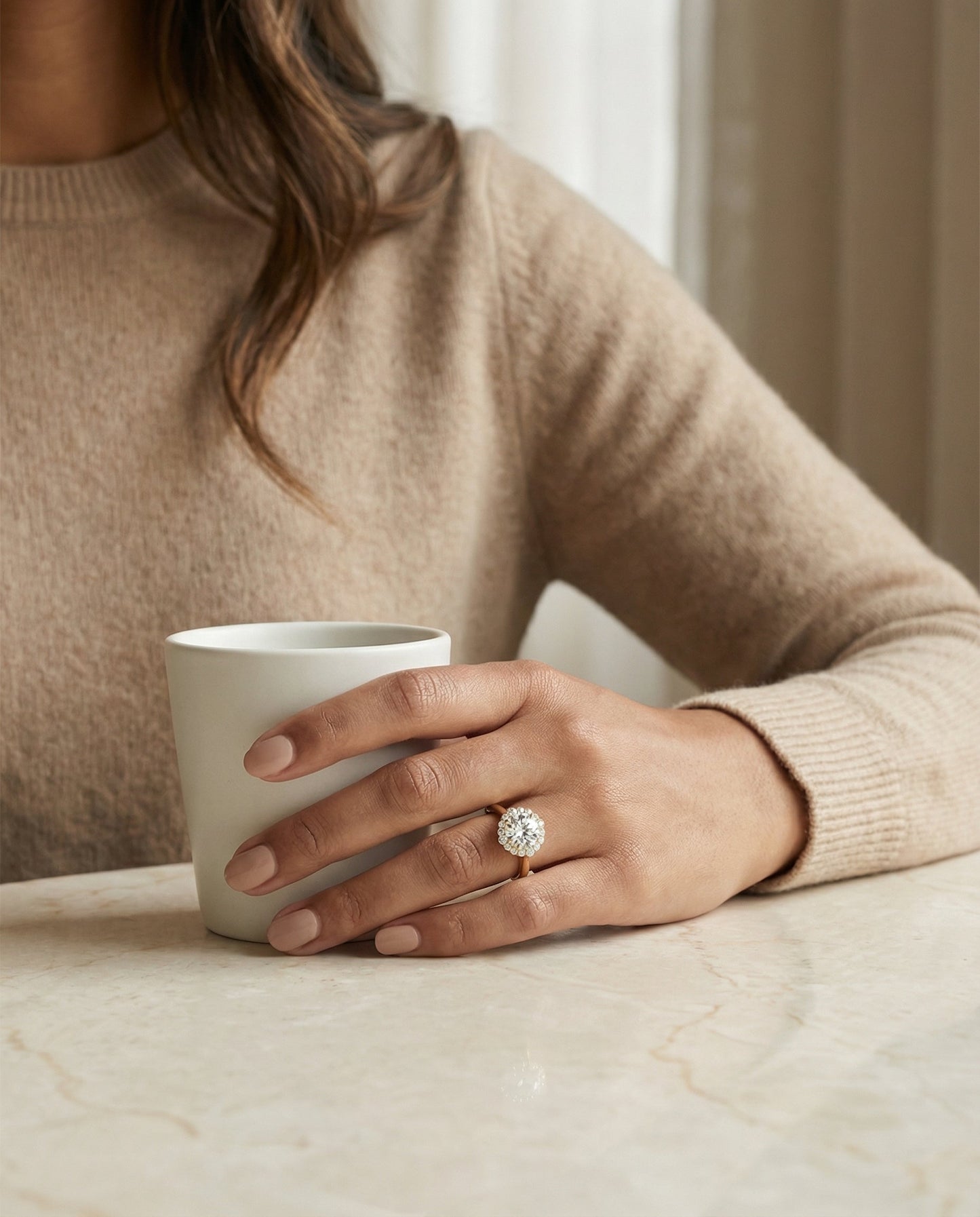 Tionne Select Square Halo Round Lab Diamond Engagement Ring in 14K Yellow Gold, lifestyle | RockHer