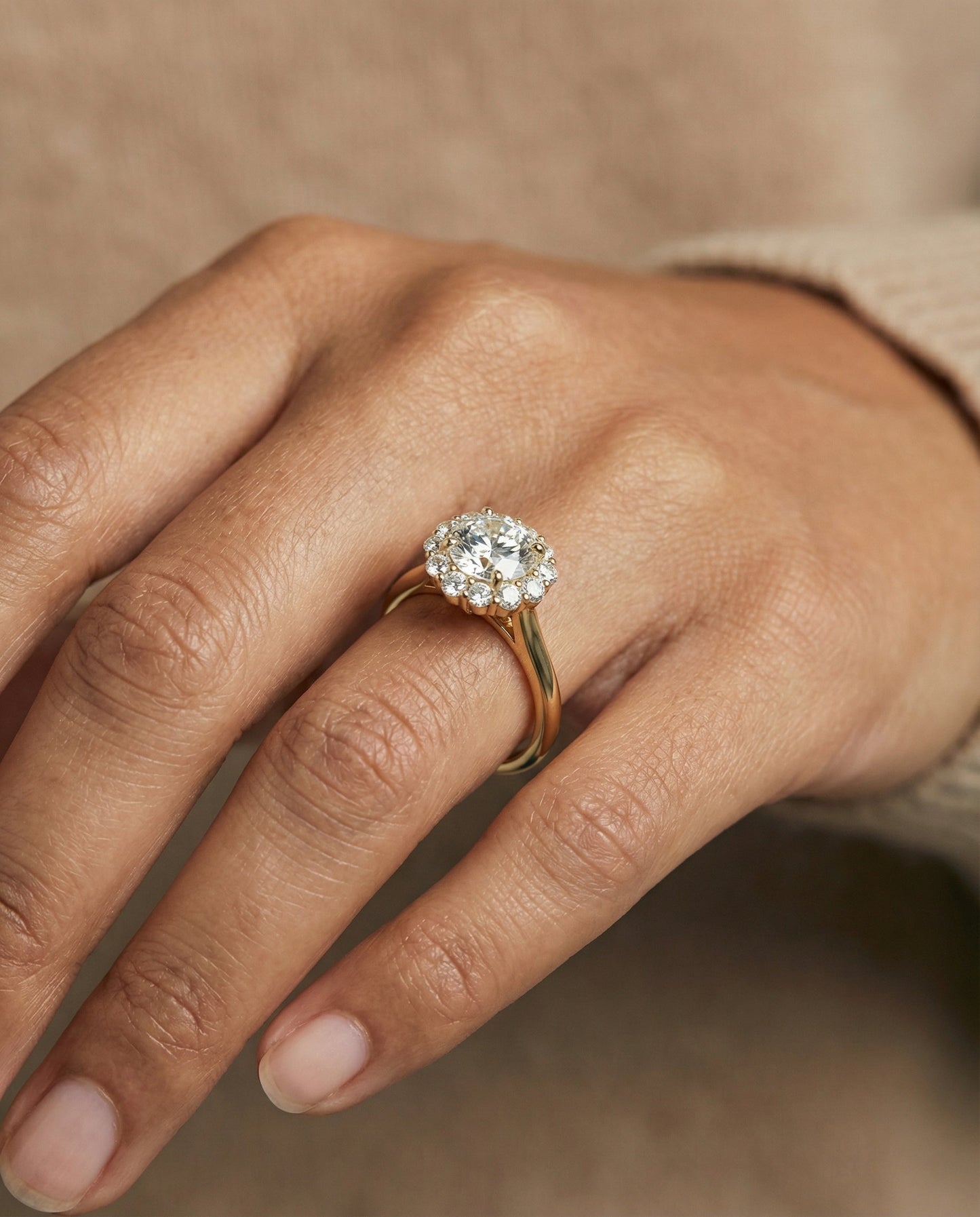 Tionne Select Square Halo Round Lab Diamond Engagement Ring in 18K Yellow Gold, shown on hand, angled | RockHer