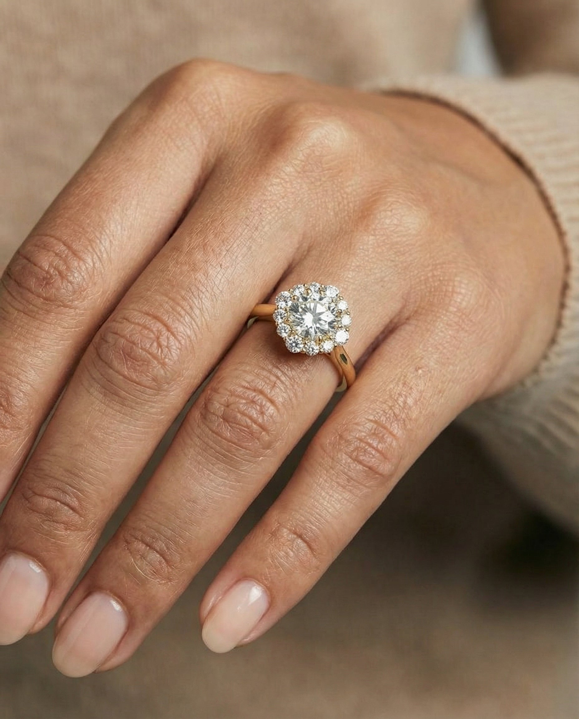 Tionne Select Square Halo Round Lab Diamond Engagement Ring in 18K Yellow Gold, shown on hand | RockHer