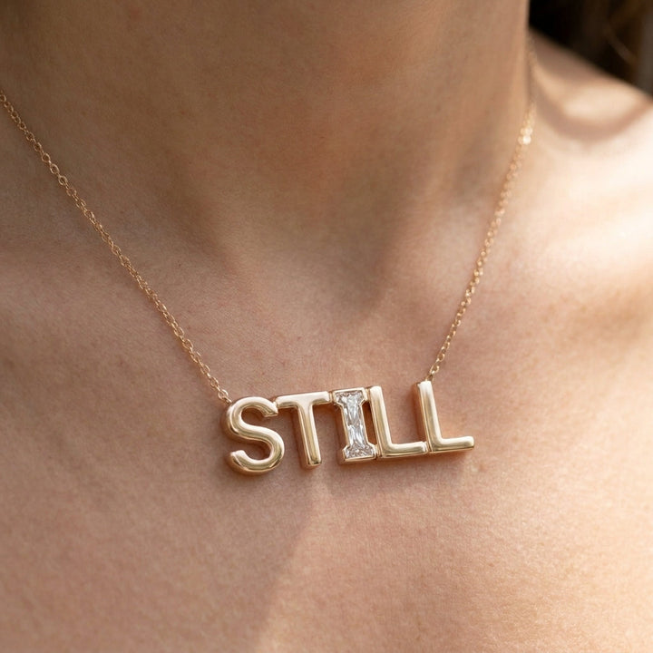STILL lab-grown diamond necklace in 14K Rose Gold, worn on neck