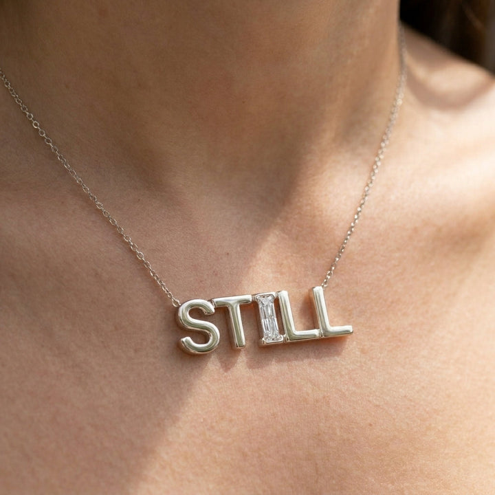 STILL lab-grown diamond necklace in 14K White Gold, worn on neck