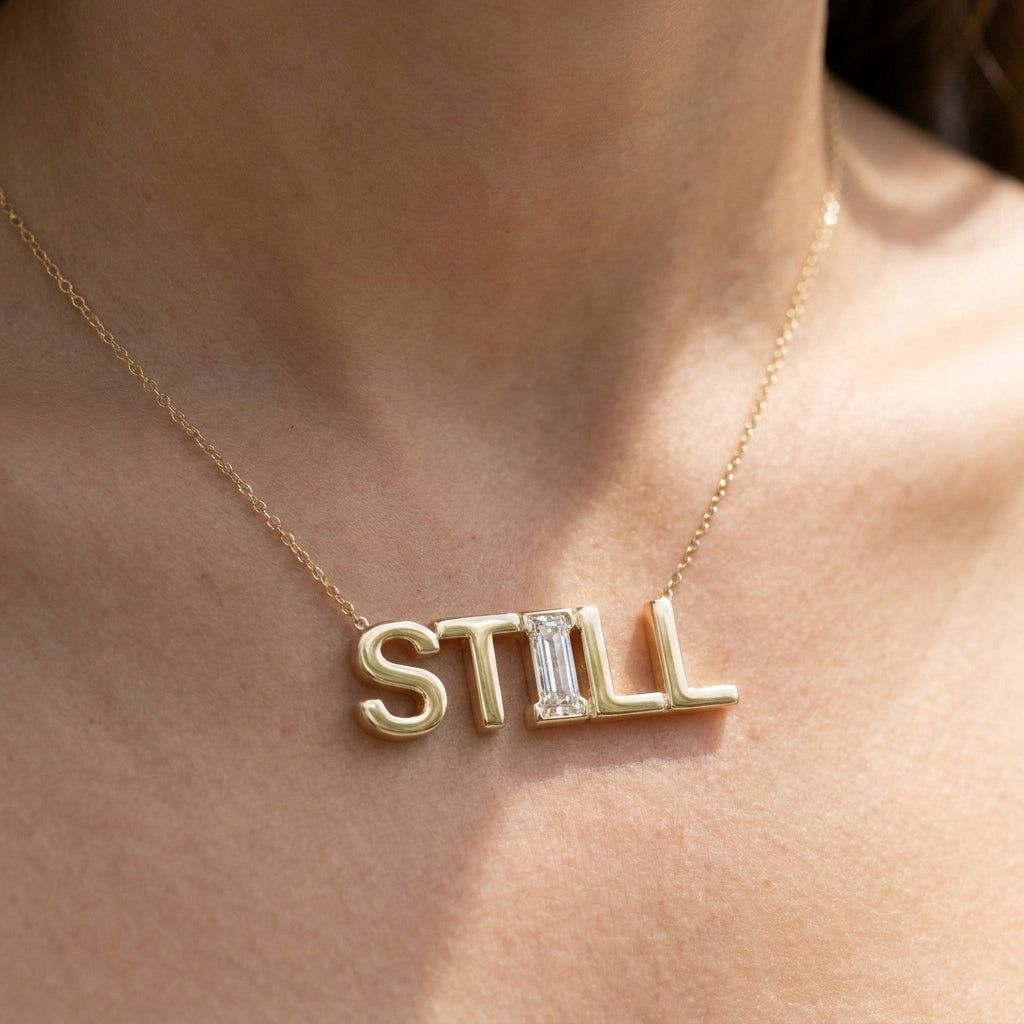 STILL lab-grown diamond necklace in 14K Yellow Gold, worn on neck