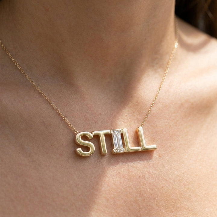 STILL lab-grown diamond necklace in 14K Yellow Gold, worn on neck