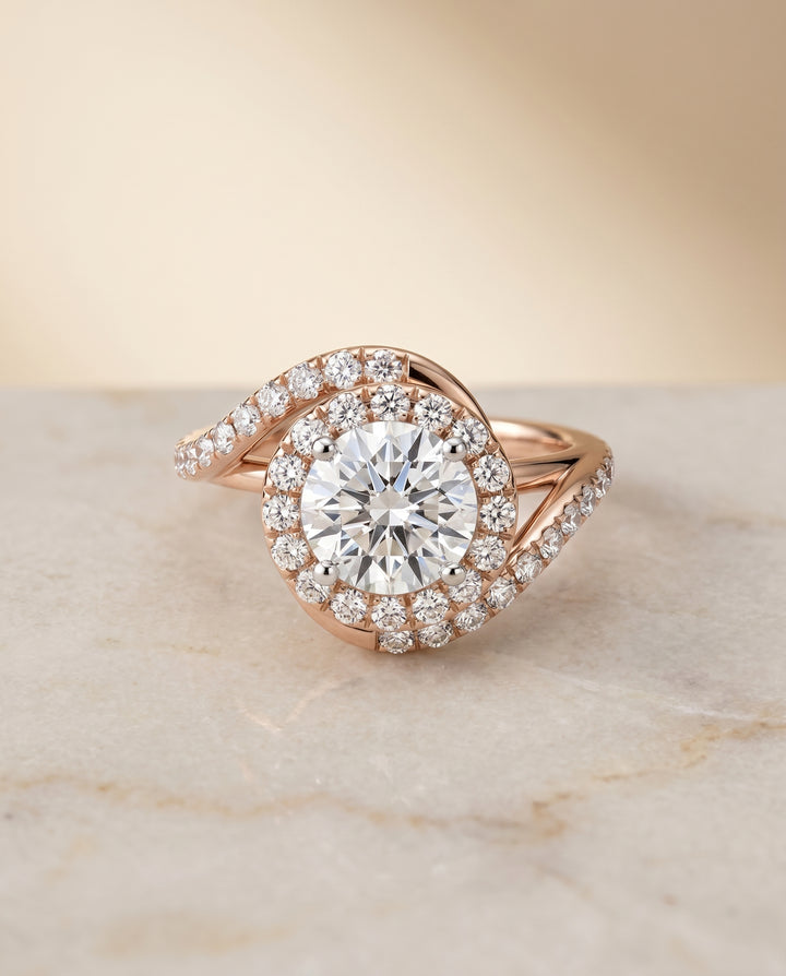 Round Brilliant, Swirl Twist Pavé Halo, in 14K Rose Gold, pave setting – angled view | RockHer