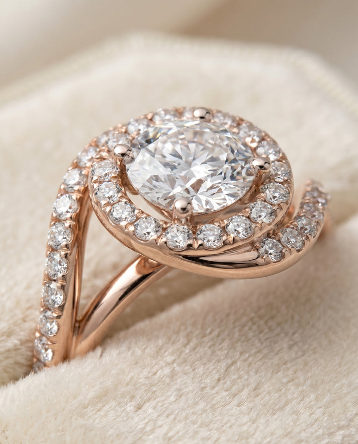 Round Brilliant, Swirl Twist Pavé Halo, in 14K Rose Gold, pave setting – detail view | RockHer