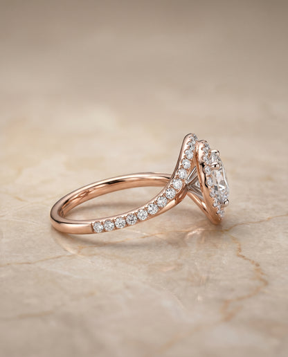 Round Brilliant, Swirl Twist Pavé Halo, in 14K Rose Gold, pave setting – side profile | RockHer