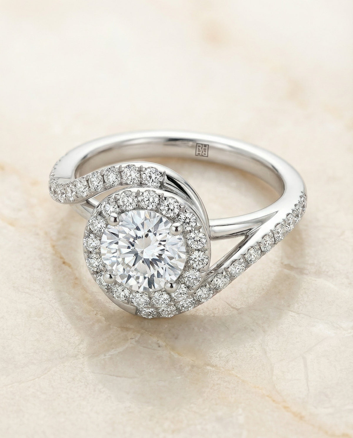 Ariana Select Swirl Halo Round Lab Diamond Engagement Ring in Platinum, alternate angle | RockHer