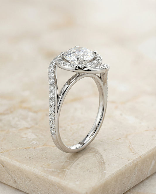 Swirl Twist Pavé Halo Engagement Ring Setting in Platinum