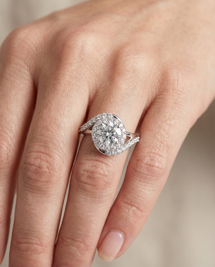 Round Brilliant, Swirl Twist Pavé Halo, in Platinum, pave setting – lifestyle shot | RockHer