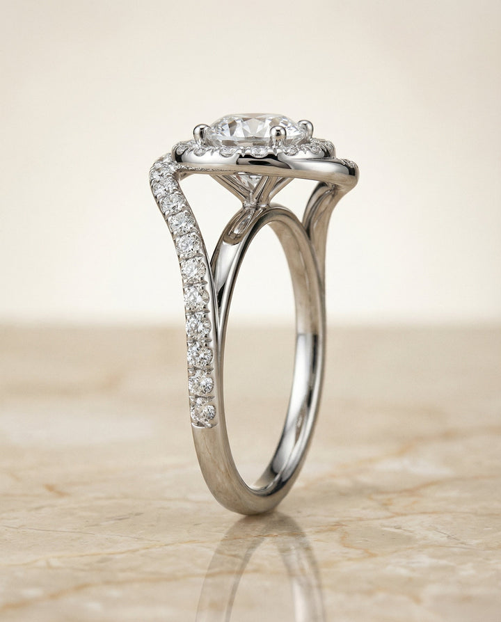 The Ariana Select Swirl Twist Pave Halo Solitaire Engagement Ring with Lab Diamond in 14K White Gold — view 6