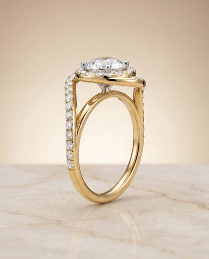 Ariana Select Swirl Halo Round Lab Diamond Engagement Ring in 14K Yellow Gold, alternate angle | RockHer