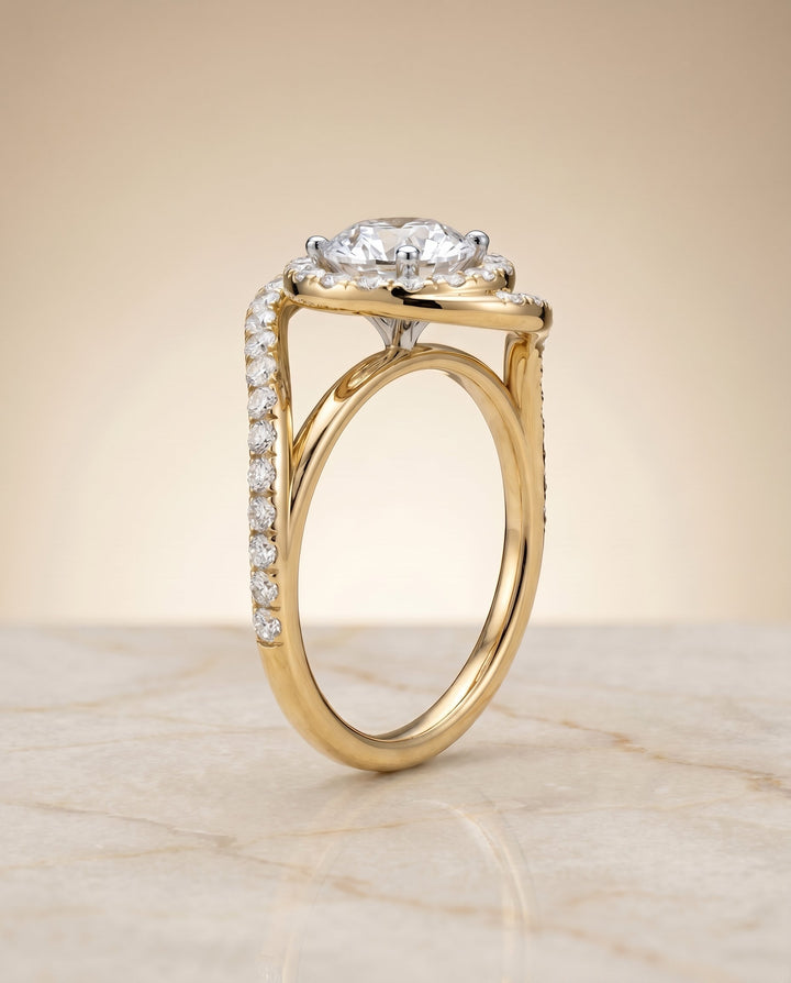 Ariana swirl twist pavé halo engagement ring in 18K yellow gold with round lab diamond — RockHer