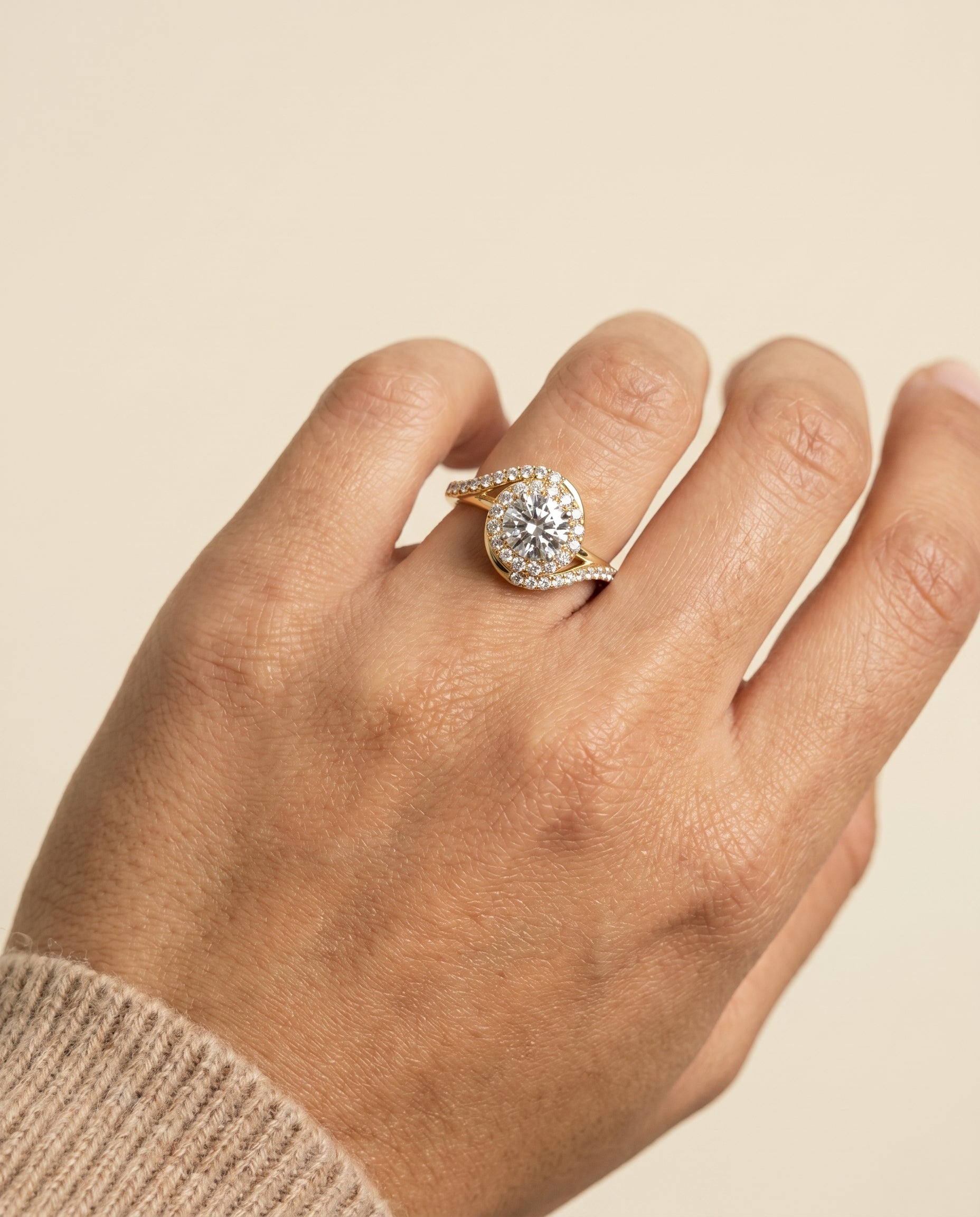 The Ariana engagement ring setting in 18K Yellow Gold, swirl halo design | RockHer