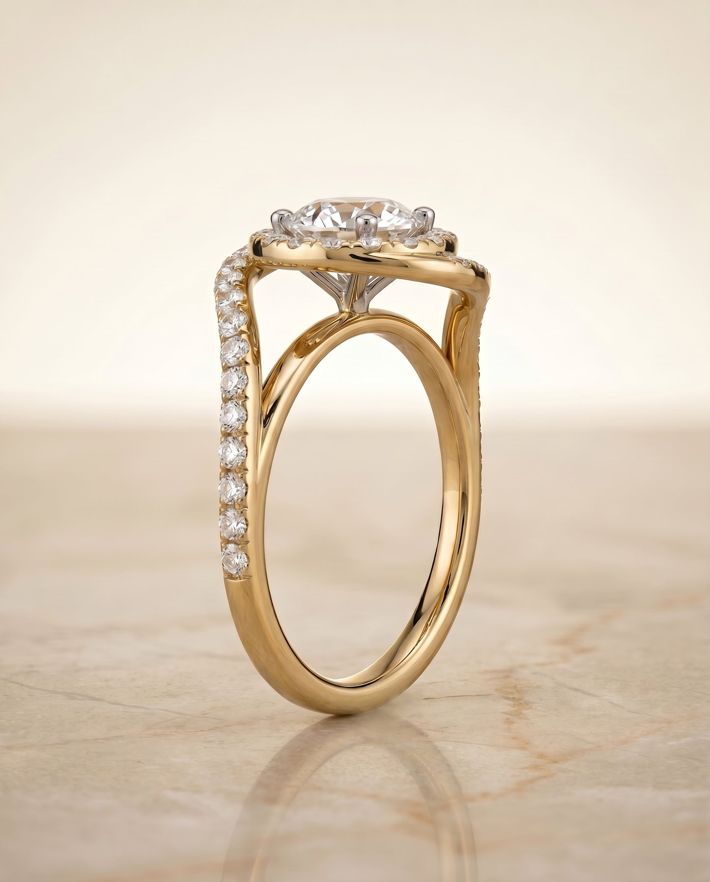 Round Brilliant, Swirl Twist Pavé Halo, in 18K Yellow Gold, pave setting – side profile | RockHer