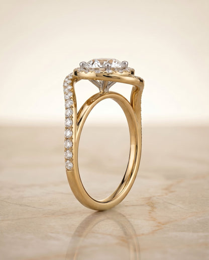 Ariana Select Swirl Halo Round Lab Diamond Engagement Ring in 14K Yellow Gold, side view | RockHer