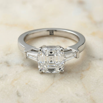 The June Three Stone Asscher Cut Engagement Ring Setting in 18K White Gold