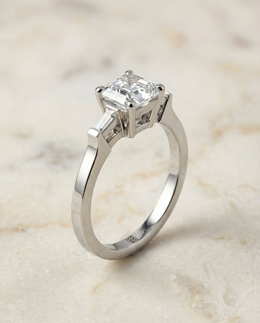 June Select tapered baguette three stone asscher cut asscher cut ring in 14K White Gold — front — RockHer
