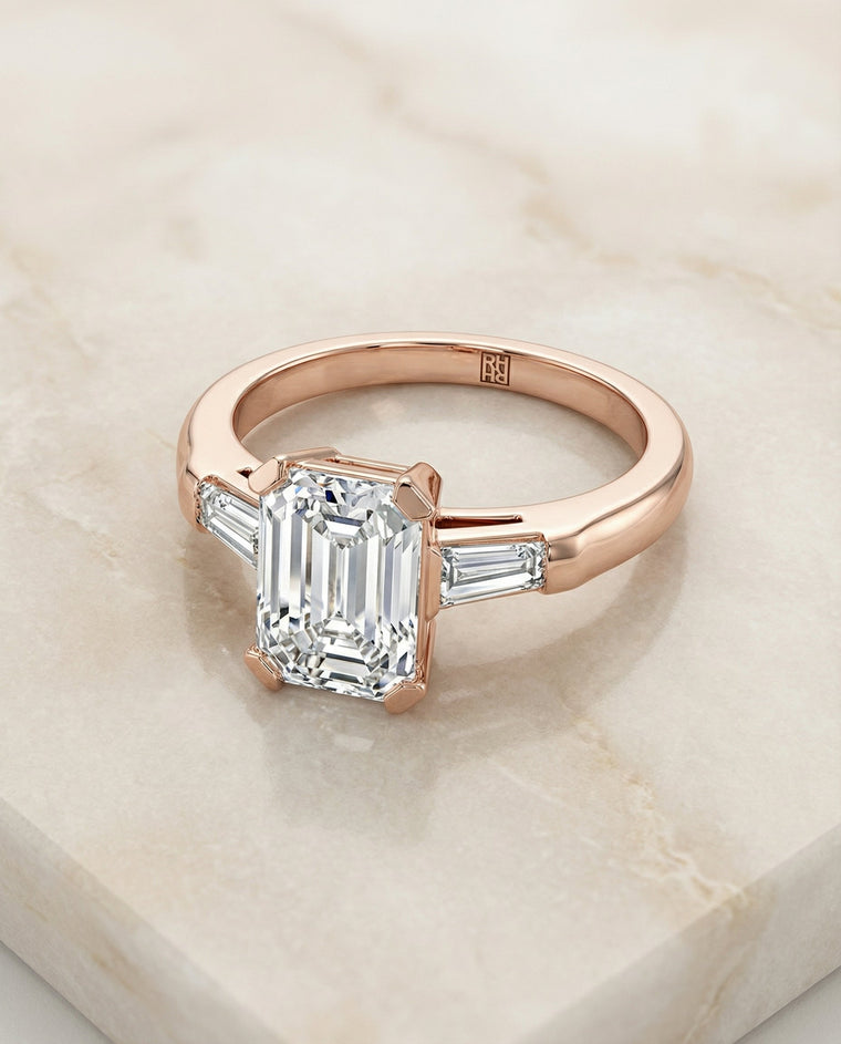 The Caroline Select Three Stone Emerald Cut Lab Diamond Engagement Ring in 14K Rose Gold