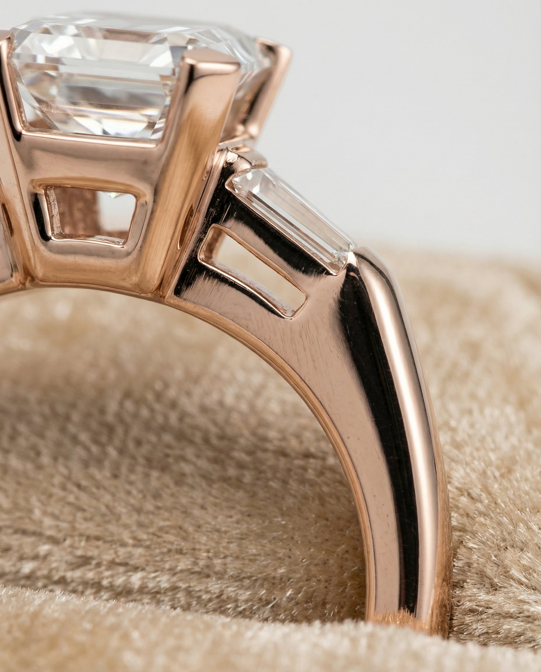14K Rose Gold band of The Caroline emerald engagement ring setting | RockHer